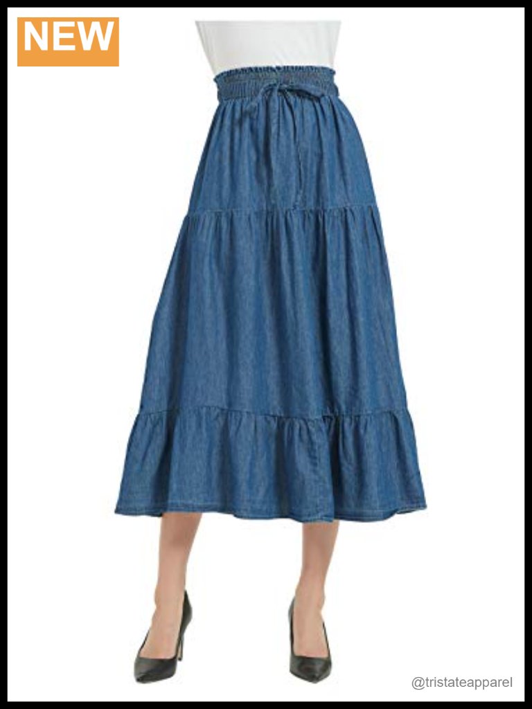 A Line Long Midi Denim Skirt, Tiered Pleated Layers, Elastic Waist Front